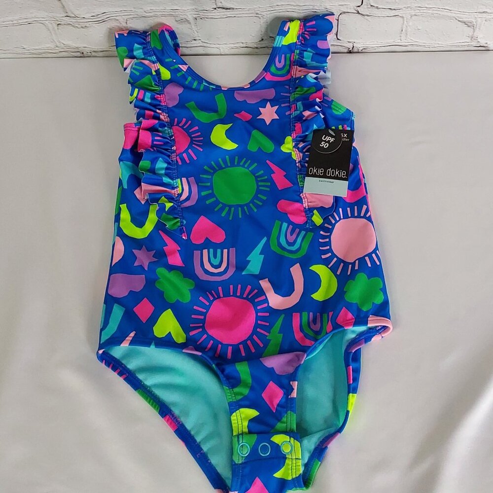 'OKIE-DOKIE' SWIMSUIT RUFFLE SCOOP~BACK ONE PIECE UPF 50 PROTECTION NEON COLORS